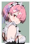  1girl batsuma black_dress border breasts dress green_background hair_ornament highres looking_at_viewer maid maid_headdress parted_lips pink_hair ram_(re:zero) re:zero_kara_hajimeru_isekai_seikatsu red_eyes roswaal_mansion_maid_uniform short_hair small_breasts solo upper_body white_border x_hair_ornament 