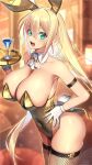  1girl :d animal_ears bare_shoulders blonde_hair blurry blurry_background breasts cleavage commentary_request fake_animal_ears fake_tail fishnet_thighhighs fishnets gold_leotard green_eyes hair_between_eyes highres holding huge_breasts leotard long_hair looking_at_viewer multicolored_hair open_mouth original playboy_bunny rabbit_ears signature smile solo standing tail takamine_nadare thighhighs thighs two-tone_hair white_hair 