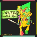  absurd_res anthro baseball_bat bat_(object) female hi_res humor muffinlicious multicolored_body pinata solo solo_focus speech_bubble text threatening yellow_eyes 