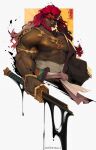  1boy abs armlet bara bare_pectorals beard broken broken_sword broken_weapon cropped_torso facial_hair ganondorf hadanugi_dousa highres holding holding_sword holding_weapon huge_eyebrows large_pectorals long_hair looking_at_viewer luerstine male_focus midriff_sarashi muscular muscular_male nipples official_alternate_costume pectorals red_hair sarashi solo stomach sword the_legend_of_zelda the_legend_of_zelda:_tears_of_the_kingdom thick_thighs thighs weapon 