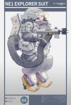  1girl absurdres arm_pouch armor backpack bag barcode blonde_hair blue_eyes english_text firebrush full_armor full_body highres industrial jackhammer machine original power_armor science_fiction solo spacesuit standing 