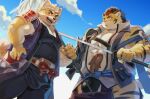  2boys animal_ears bara blue_sky bulge cloud cloudy_sky commentary_request dog_boy dog_ears dog_tail fangs furry furry_male furry_with_furry hachimaki hands_on_own_hips happi headband highres hitachi_(tamacolle) holding holding_sword holding_weapon japanese_clothes kajika_(ka_ji_ka) looking_at_viewer male_focus multiple_boys musashi_(tamacolle) nejiri_hachimaki open_mouth sky smile sword tail tamacolle tiger_boy tiger_ears tiger_stripes tiger_tail weapon 