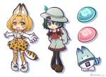  2girls animal_ear_fluff animal_ears black_eyes black_hair black_pantyhose black_undershirt blonde_hair blush_stickers bow bowtie brown_eyes brown_footwear cat_ears doradorakingyo drop_shadow elbow_gloves food gloves grey_bag grey_headwear grey_shorts hat_feather japari_bun kaban_(kemono_friends) kemono_friends lucky_beast_(kemono_friends) multiple_girls open_mouth outstretched_arms pantyhose parody print_bow print_bowtie print_skirt print_thighhighs puyopuyo puyopuyo_quest red_shirt serval_(kemono_friends) serval_print shirt short_sleeves shorts skirt spread_arms style_parody tail thighhighs twitter_username white_background 