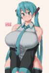  1girl absurdres alternate_breast_size aqua_eyes aqua_hair aqua_necktie black_sleeves black_thighhighs breasts breasts_squeezed_together collared_shirt curvy detached_sleeves grey_shirt groin hatsune_miku highres huge_breasts long_hair munah_munah necktie no_pants shirt sleeveless sleeveless_shirt solo thighhighs twintails v_arms very_long_hair vocaloid white_background wide_hips 