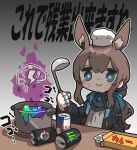  1girl amiya_(arknights) amonitto animal_ear_fluff animal_ears arknights ascot bad_food black_jacket blue_ascot blue_eyes blush chef_hat clothes_writing cooking_pot extra_ears gradient_background grey_background hair_between_eyes hand_up hat highres holding holding_ladle hood hood_down hooded_jacket jacket jewelry ladle long_hair long_sleeves monster_energy multiple_rings open_clothes open_jacket rabbit_ears rabbit_girl red_bull ring shirt simple_background smile solo thumb_ring translation_request white_shirt 