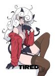  1girl absurdres bare_shoulders black_gloves black_panties breasts demon demon_girl demon_horns demon_tail gloves helltaker highres horns looking_at_viewer lywslanket open_clothes open_shirt pandemonica_(helltaker) panties red_eyes red_shirt round_eyewear shirt tail thighhighs underwear white_background white_hair 