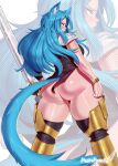  2023 animal_humanoid armor big_butt blue_hair bottomless butt cat_humanoid clothed clothing felid felid_humanoid feline feline_humanoid female hair hi_res humanoid mammal mammal_humanoid pashapencil rear_view solo 