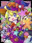  1girl blonde_hair blue_eyes bow broom candy doradorakingyo food halloween holding holding_broom index_finger_raised jack-o&#039;-lantern lollipop long_hair looking_at_viewer pumpkin_hat purple_headwear puyopuyo red_bow red_ribbon ribbon solo star_(symbol) stitches swirl_lollipop witch witch_(puyopuyo) wrapped_candy 