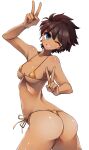  1girl absurdres ass bikini blue_eyes breasts brown_hair commentary_request commission cowboy_shot dark-skinned_female dark_skin double_v from_side girls_und_panzer halterneck highres looking_at_viewer looking_back medium_breasts micro_bikini one_eye_closed open_mouth orange_bikini partial_commentary pixiv_commission sattinittas short_hair side-tie_bikini_bottom simple_background skindentation smile solo standing string_bikini suzuki_(girls_und_panzer) swimsuit thong_bikini v white_background 