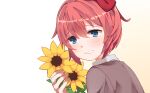  1girl blazer blue_eyes bluesky021 brown_jacket doki_doki_literature_club flower highres jacket light_blush looking_at_another red_hair red_ribbon ribbon sayori_(doki_doki_literature_club) short_hair smile solo sunflower teeth 