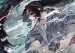  1boy black_hair colored_sclera cpctbepfk4l2gax extra_eyes facial_mark fighting_stance floating_hair from_side highres japanese_clothes kimetsu_no_yaiba kimono kokushibou long_hair long_sleeves looking_away male_focus multicolored_hair parted_lips profile ready_to_draw red_hair red_sclera solo streaked_hair traditional_media upper_body visible_air 
