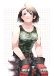  1girl absurdres ahoge belt brown_eyes brown_hair camouflage camouflage_shirt gauntlets highres justice_gakuen kazama_akira looking_at_viewer o9mtr shirt short_hair simple_background sleeveless solo standing white_background 