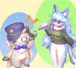  ambiguous_gender clothed clothing domestic_cat duo felid feline felis hat headgear headwear hi_res intersex intersex/male japan_air_self-defense_force male male/male mammal military_uniform nagamo-kun omaneko_(jasdf) onechan simple_background uniform 