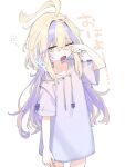  1girl blonde_hair green_eyes hair_between_eyes highres hood hood_down hoodie long_hair looking_at_viewer messy_hair multicolored_hair one_eye_closed open_mouth original purple_hair purple_hood short_sleeves signalviolet simple_background solo very_long_hair waking_up white_background 