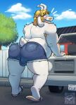  2023 anthro armpit_hair asgore_dreemurr beard belly bent_over big_bulge big_butt big_muscles body_hair boss_monster bottomwear bovid bubble_butt bulge butt caprine car claws cleaning cleaning_tool clothed clothing cloud cutoffs day denim denim_clothing emanata eyebrows facial_hair feet fence footwear fur furgonomics goat hair hi_res horn looking_at_viewer looking_back looking_back_at_viewer male mammal motion_lines musclegut muscular muscular_anthro muscular_male open_mouth open_smile outside overweight overweight_anthro overweight_male plant rear_view road sandals shorts sky smile soles solo sponge standing streif thick_thighs topless topless_anthro topless_male tree tuft undertale undertale_(series) vehicle watermark 
