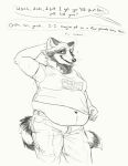  2020 anthro belly belly_overhang bottomwear cettus clothed clothing dialogue embarrassed english_text hand_behind_head hi_res male mammal moobs overweight overweight_anthro overweight_male pants procyonid raccoon shirt sketch smile solo speech_bubble standing text tight_clothing topwear tugging_clothing 