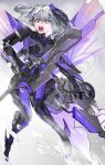  1girl breasts cyborg grey_hair hair_ornament headgear highres holding holding_weapon mechanical_parts medium_breasts medium_hair open_mouth punishing:_gray_raven rosetta_(punishing:_gray_raven) teeth tongue weapon x_hair_ornament yellow_eyes yongsadragon 