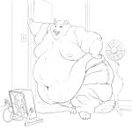  2021 anthro barefoot belly big_belly bodily_fluids bottomwear canid canine canis cettus clothed clothing door doorway fan_(disambiguation) fat_rolls feet hand_on_hip heat_(temperature) hi_res huge_belly inside kurtis_ziegler leaning leaning_on_wall light_switch male mammal moobs morbidly_obese morbidly_obese_anthro morbidly_obese_male obese obese_anthro obese_male overweight overweight_anthro overweight_male pants partially_clothed shorts sketch solo standing sweat topless torn_bottomwear torn_clothing torn_pants wolf 