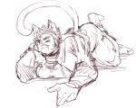  anthro butt clothing domestic_cat eyebrows felid feline felis hi_res jacket kzy_r9877 lifewonders live_a_hero looking_at_viewer male mammal muscular muscular_anthro muscular_male one_eye_closed sketch solo thick_eyebrows topwear tsuneaki wink winking_at_viewer 