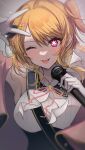  1girl blonde_hair blurry blush breasts collar commentary depth_of_field film_grain framed_breasts gloves hair_between_eyes hair_ornament hand_up highres holding holding_microphone hoshino_ruby idol idol_clothes idolmaster idolmaster_shiny_colors long_hair looking_at_viewer microphone neck_ribbon one_eye_closed one_side_up oshi_no_ko parted_bangs pink_eyes pink_ribbon ribbon sidelocks sleeveless smile solo star-shaped_pupils star_(symbol) star_hair_ornament sweat symbol-shaped_pupils tongue tongue_out umeume_(totoya) upper_body w white_gloves 