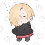  1girl black_hoodie black_thighhighs blonde_hair chibi closed_eyes full_body ghost_print hair_over_one_eye hood hoodie idolmaster idolmaster_cinderella_girls oshinomiya plaid plaid_skirt red_skirt shirasaka_koume short_hair skirt sleeves_past_fingers sleeves_past_wrists smile solo thighhighs 