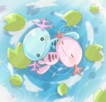  afloat alternate_color animal_focus blue_skin closed_eyes colored_skin commentary_request hanabusaoekaki lily_pad no_humans pokemon pokemon_(creature) ripples shiny_pokemon smile solid_circle_eyes water wooper 