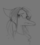  alternate_hairstyle anthro blush dinosaur fang_(gvh) female goodbye_volcano_high hair headshot_portrait long_hair long_snout looking_away monochrome portrait pterodactylus pterosaur reptile scalie sketch snoot_game_(fan_game) snout solo unknown_artist 