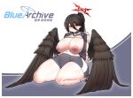  black_wings blue_archive breasts choker curvy feathered_wings gintm gym_shorts gym_uniform halo hasumi_(blue_archive) hasumi_(gym_uniform)_(blue_archive) highres huge_breasts jacket long_hair nipples official_alternate_costume ponytail red_eyes shorts thick_thighs thighs track_jacket wings 