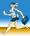  2009 anthro barefoot blooberry blue_bottomwear blue_clothing blue_hat blue_headwear blue_shirt blue_skirt blue_topwear bottomwear breasts clothing delivery_(commerce) delivery_employee digital_media_(artwork) envelope feet female furgonomics hat headgear headwear holding_object lagomorph leporid mailbag mammal pink_nose postal_carrier postal_delivery rabbit shirt skirt solo topwear uniform whiskers 