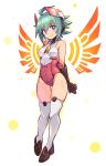  1girl ahoge arms_behind_back ass_visible_through_thighs azure_striker_gunvolt_2 black_footwear black_gloves blue_eyes closed_mouth cougar_(cougar1404) energy_wings full_body gloves green_hair hand_on_own_arm headgear leotard looking_at_viewer red_headwear red_leotard roro_(gunvolt) shoes short_hair smile solo standing thigh_gap thighhighs white_background white_thighhighs 