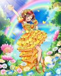  1girl :d alternate_hairstyle artist_request bare_shoulders cloud commentary dress english_commentary eyelashes field flower flower_field frilled_dress frills hair_flower hair_ornament hairband happy highres hino_akane_(smile_precure!) looking_at_viewer official_art one_eye_closed open_mouth orange_dress orange_footwear precure precure_connection_puzzlun rainbow shoes sky smile smile_precure! solo third-party_source wrist_cuffs 