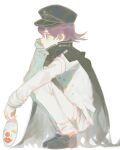  1boy artist_name black_cape black_footwear black_headwear blush buttons cape danganronpa_(series) danganronpa_v3:_killing_harmony double-breasted flipped_hair from_side grey_jacket grey_pants hands_up holding holding_mask jacket long_sleeves male_focus mask mask_removed oma_kokichi pants purple_hair shoes simple_background solo squatting white_background xxxxgom 