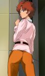  1girl ass blue_eyes brown_hair dallos dress haruyama_kazunori headband looking_at_viewer official_style orange_pants pants rachel_(dallos) short_dress short_hair solo 