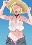  1girl ahoge bikini bikini_under_clothes blonde_hair cammy_white choker closed_eyes commentary_request cowboy_shot gradient_background hands_on_headwear hat highres huge_ahoge navel open_fly open_mouth pendant_choker scar scar_on_face shirt short_hair shorts signature smile solo strapless strapless_shirt straw_hat street_fighter street_fighter_6 sun_hat swimsuit yuenibushi 