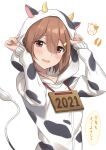  1girl 2021 animal_print azuki_yui brown_eyes brown_hair collarbone cow cow_hood cow_print cow_tail holding_hoodie hood hoodie open_mouth original short_hair sign solo tail two-tone_hoodie upper_body white_background 