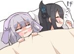  2girls black_hair blanket blanket_grab blush_stickers closed_eyes demon_horns grey_hair hair_between_eyes hair_flaps highres hololive hololive_english horns koseki_bijou kukie-nyan long_hair looking_at_another multiple_girls nerissa_ravencroft open_mouth pillow purple_eyes sidelocks sleeping sleepover sound_effects sweatdrop under_covers white_background 