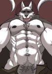  abs anthro black_nipples black_sclera canid canine canis chest_tuft cloak clothing death_(puss_in_boots) fur hi_res male mammal muscular muscular_male nipples pubes red_eyes ro_momod sickle solo tongue tongue_out tuft white_body white_fur wolf 