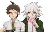  2boys ahoge badge blush breast_pocket brown_eyes brown_hair card character_print collarbone collared_shirt danganronpa_(series) danganronpa_2:_goodbye_despair frown green_jacket green_necktie hand_up highres hinata_hajime holding holding_card jacket jun_ye_(otakusame) komaeda_nagito looking_at_another male_focus medium_hair messy_hair multiple_boys necktie open_clothes open_jacket pocket print_shirt shirt short_sleeves simple_background smile upper_body usami_(danganronpa) white_background white_hair white_shirt 