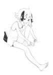  1girl ahoge animal_ears barefoot camisole closed_eyes dog_ears dog_tail grey_background greyscale highres holding kasodani_kyouko monochrome nail_clippers namauni short_hair simple_background solo tail toenails toes touhou white_background 