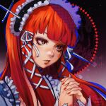  1girl artist_name cross_hair_ornament fingernails hair_ornament hairband highres lolita_fashion lolita_hairband long_hair nail_polish persona persona_3 praying red_hair red_nails shin_megami_tensei simple_background takanoezz yoshino_chidori 