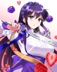  1girl ayra_(fire_emblem) ayra_(tea_party)_(fire_emblem) black_eyes black_hair blackberry_(fruit) breasts fire_emblem fire_emblem:_genealogy_of_the_holy_war fire_emblem_heroes food fruit highres holding holding_sword holding_weapon kakiko210 large_breasts long_hair looking_at_viewer maid_headdress pink_lips purple_ribbon raspberry ribbon solo strawberry sword upper_body waitress weapon 