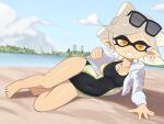  +_+ 1girl alternate_costume bare_legs barefoot barleyshake beach blue_sky building cloud cloudy_sky competition_swimsuit covered_navel cropped_jacket day drawstring earrings grey_hair highres hood hooded_jacket jacket jewelry long_sleeves marie_(splatoon) one-piece_swimsuit outdoors pointy_ears print_swimsuit sky solo splatoon_(series) splatoon_1 sunglasses swimsuit water white_jacket wide_shot yellow_eyes 