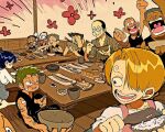  1girl 6+boys aged_down asymmetrical_bangs black_hair blonde_hair blue_hair blush closed_eyes curly_eyebrows eating father_and_daughter food glasses green_hair hair_over_one_eye koushirou_(one_piece) kuina long_hair low_ponytail multiple_boys one_eye_covered one_piece open_mouth parted_bangs ponytail roronoa_zoro runa_(nori31291404) sanji_(one_piece) short_hair sitting smile teeth time_paradox 
