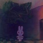  2_horns ambiguous_gender animal_crossing anthro chibi creepy demon detailed_background doorway dot_eyes duo floor hi_res horn humanoid inside lagomorph leporid mammal multi_limb nintendo plastiboo rabbit ruby_(animal_crossing) smile tile tile_floor toony translucent translucent_body 