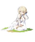  1girl absurdres blonde_hair blush breasts cleavage detached_sleeves dress flower genshin_impact grass hair_between_eyes hair_flower hair_ornament highres ia_(ias1010) looking_at_viewer lumine_(genshin_impact) medium_breasts open_mouth orange_eyes simple_background sitting sketch solo thighhighs white_background white_dress white_flower white_thighhighs 