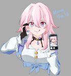  1girl :q black_choker black_gloves blue_eyes cellphone choker commentary_request cropped_torso gloves highres holding holding_phone honkai:_star_rail honkai_(series) long_sleeves looking_at_viewer march_7th_(honkai:_star_rail) phone pink_hair purple_eyes recursion shirt smartphone smile tongue tongue_out two-tone_eyes upper_body wahi_(hhainanoda) white_shirt 