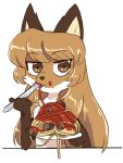  anthro averi_(fiddleafox) brown_body brown_eyes brown_fur canid canine cutlery ears_up eating female fiddleafox food fork fork_in_mouth fox fur kitchen_utensils looking_at_viewer mammal pasta plate simple_background solo spaghetti tomato_sauce tools white_background 