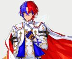  1boy alear_(fire_emblem) alear_(male)_(fire_emblem) ascot blue_eyes blue_hair cape crossed_bangs fire_emblem fire_emblem_engage gloves gold_trim hair_between_eyes heterochromia highres jewelry lamb_(contra_entry) long_sleeves looking_to_the_side multicolored_hair red_eyes red_hair short_hair solo two-tone_hair upper_body 