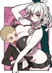  1boy 2girls absurdres alternate_breast_size alternate_height arm_up bikini black_bikini blonde_hair braid breast_press breasts brown_eyes brown_jacket cleavage collarbone collared_shirt danganronpa_(series) danganronpa_2:_goodbye_despair frills glasses grey_hair hair_ribbon height_difference highres huge_breasts jacket kakuzatou_(satousatotototo) kuzuryuu_fuyuhiko long_hair monomi_(danganronpa) multiple_girls nanami_chiaki notice_lines open_clothes open_jacket pale_skin pekoyama_peko pink_background red_eyes ribbon shirt short_hair striped striped_jacket sweat swimsuit twin_braids white_ribbon white_shirt 