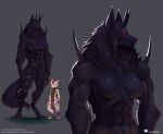  abs anthro black_body black_fur canid canine canis claws clothed clothing crotch_tuft digitigrade doomthewolf duo featureless_crotch female fur hi_res horn kobold larger_female loincloth_only male male/female mammal muscular muscular_anthro muscular_female neck_tuft nude partially_clothed red_eyes scales scalie simple_background size_difference smaller_male tuft were werecanid werecanine werewolf white_body white_scales wolf 